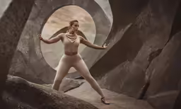 a woman in white and nude bodysuit standing on rocks in front of the camera