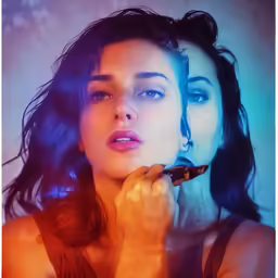 a woman with her hair blowing back while looking at the camera