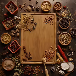 an overhead view of various nuts in bowls and wood