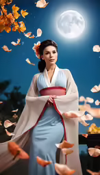 a woman wearing an asian dress is standing in front of the moon