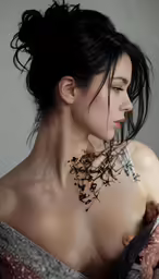 the neck and chest of a woman wearing a necklace