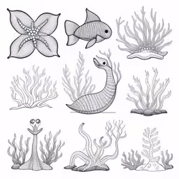 sea animals drawn in black and white ink