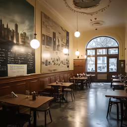 tables sitting at the end of the hall are covered with a poster