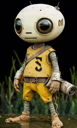 a small toy with a large eye and a backpack