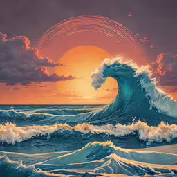 a painting of a wave with an orange sun behind it,a painting of a sunset over a breaking wave