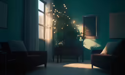 this is an empty living room with a christmas tree in the corner