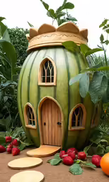 a carved and painted garden house surrounded by berries