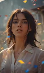 the girl is wearing a tan shirt and some confetti