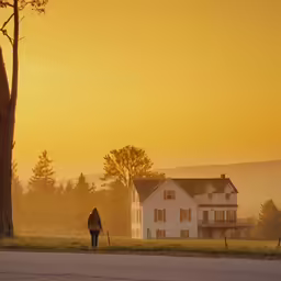 a person walking down the street by a large house