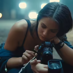 a person sitting with a camera taking a picture