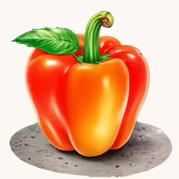 a red pepper on a white background with a green stem