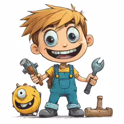 a drawing of a boy with a hammer and an egg, holding tools