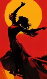 a painting of a woman performing a dance on top of an orange and yellow background