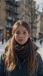 a beautiful young woman standing next to some buildings