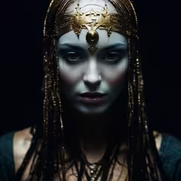 a woman with white makeup and long braids with blue eyes