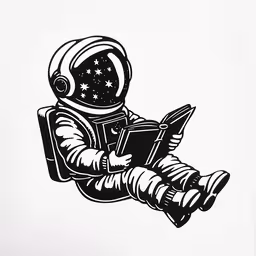 an astronaut reading a book in his spacesuit,a black and white illustration of an astronaut reading a book