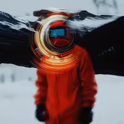 man with a large body of snow wearing an orange and black jacket
