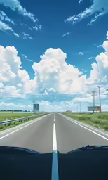 a blue sky and white clouds over a road
