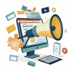 a computer monitor, a mouse and a megaphone with paper planes and papers surrounding it