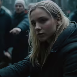 a blonde woman is standing near other people in the woods