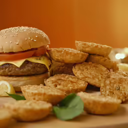 hamburger with lettuce, cheese and tomatoes with pickles on the side