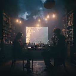 two people sitting at a table in a dark lit room