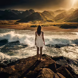 a girl stands on a rock and looks out to the ocean