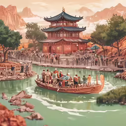 painting of people sailing on a boat in the river