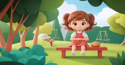 the little girl is sitting on the bench and eating