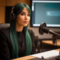 a woman with long green hair and headphones
