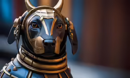 a very pretty dog wearing some kind of armor