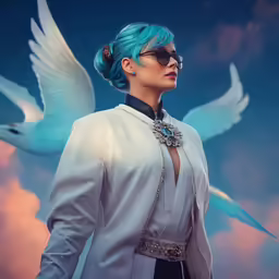a woman with blue hair standing in front of birds