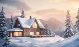 a cabin house on a snowy hillside by a snow covered forest