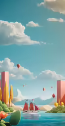 digital painting of red boat in ocean surrounded by trees and floating balloons