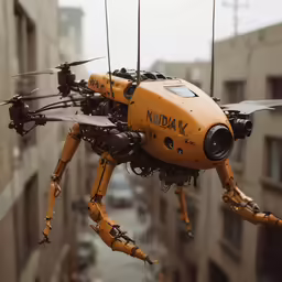 an orange robot that is walking with buildings in the background