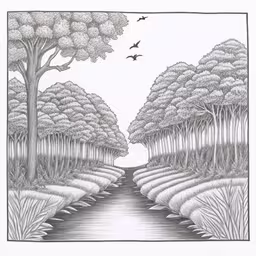 a pen drawing of trees, water and grass,a drawing of trees with water in the middle,an art work depicting trees and the sky,a drawing of a line art pathway that is straight into a forest,an image of a drawing of trees and water