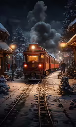 a red train pulling into a station with lots of snow
