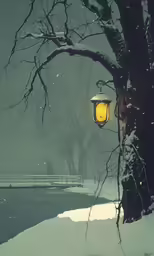 a lantern and tree in snow covered park