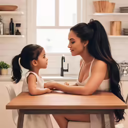 a woman and a child are at a kitchen table