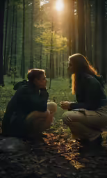 a man kneeling down to pet a woman in the woods