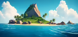 an island with palm trees on the shore and sea in the background