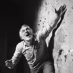 a man standing next to a wall holding his hands on his back