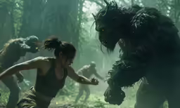 a person holding a tennis racquet near another person running in front of an enormous monster