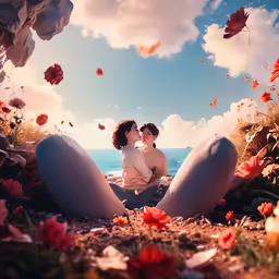 a couple are sitting next to an oval object in the grass