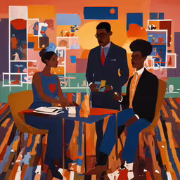three people in a room two sitting, one standing and one standing,this is a painting of three people drinking coffee