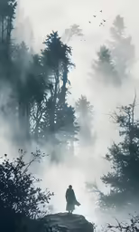 a person stands on a hill in the fog and stares at a few birds