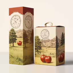 two boxes with apples on them and a clock in the background