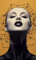 the face of a woman in a black dress with lines connecting the head and shoulders