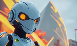 a robot with headphones standing on a building