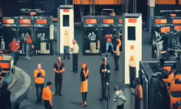 people standing in a room filled with toilets and machines